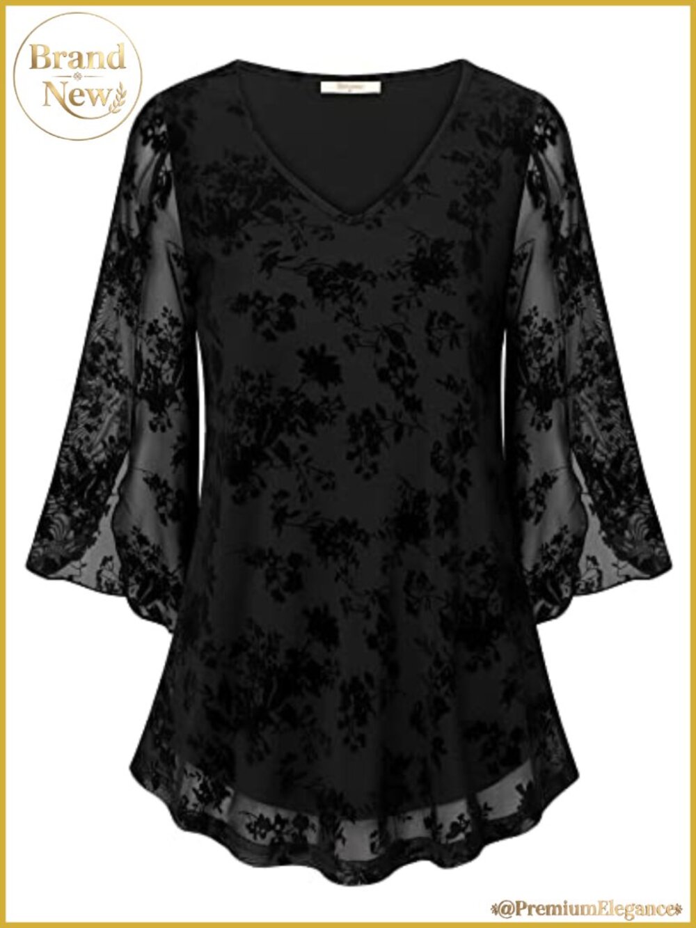 Women's Ruffle 3/4 Sleeve V-Neck Mesh Blouse Flowy Tunic Top